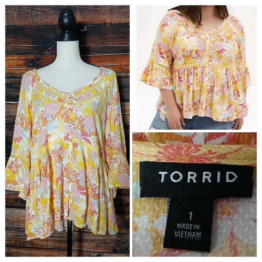 Torrid Peasant Top Size 1 1X Flowy Rayon Yellow Floral Bell Sleeve Button